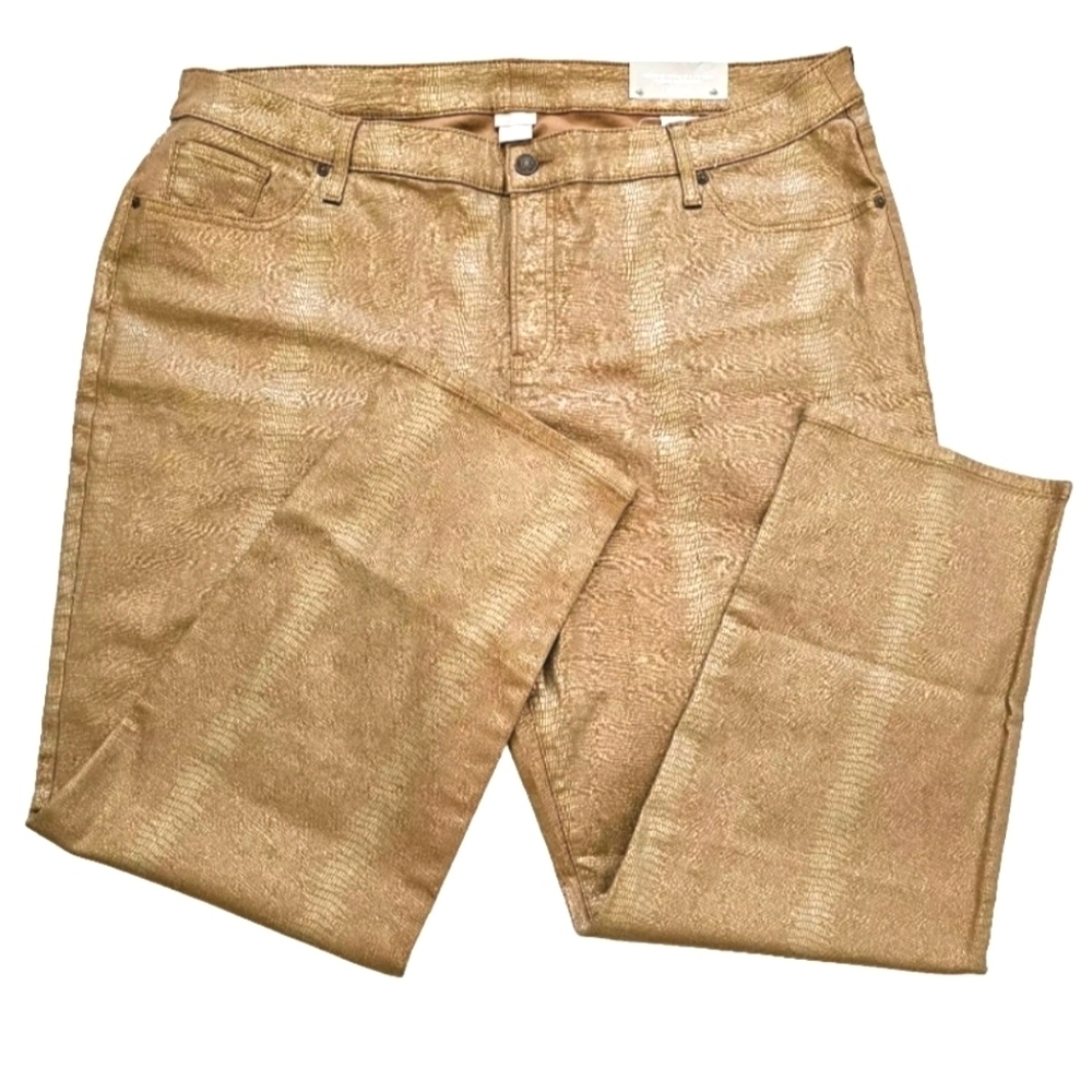 New Chico's Brown Gold Metallic Snake Croc Print Women's Pants Size 4R US 20Rq - Picture 2 of 10
